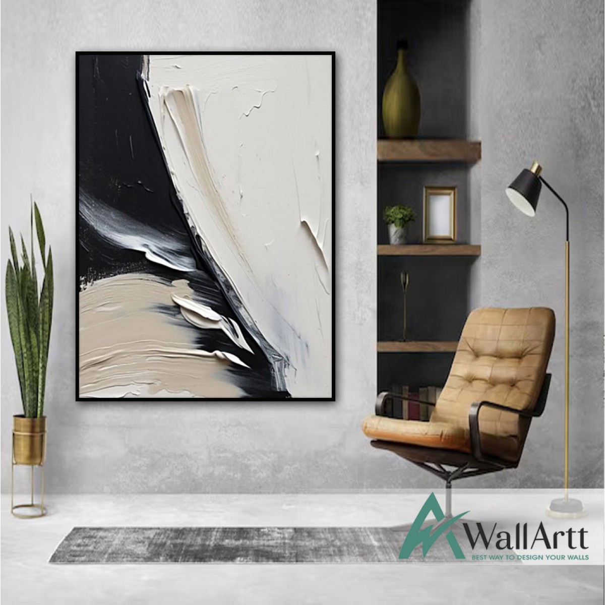 Abstract Black Beige 3D Heavy Textured Partial oil Painting